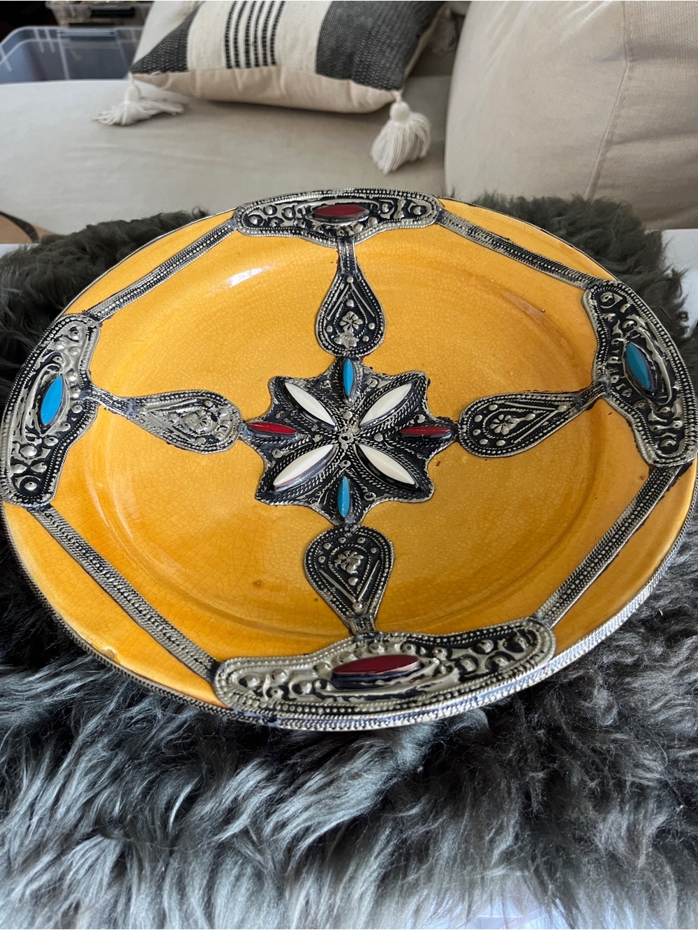Vintage Moroccan Style Tray Plate Ornate Filigree Amber Enamel Jewel